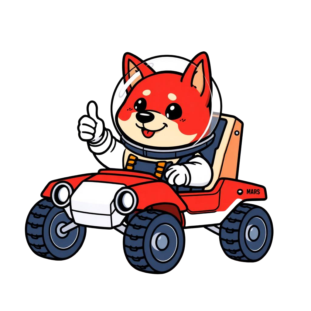 Red shiba inu mascot driving a Mars rover buggy