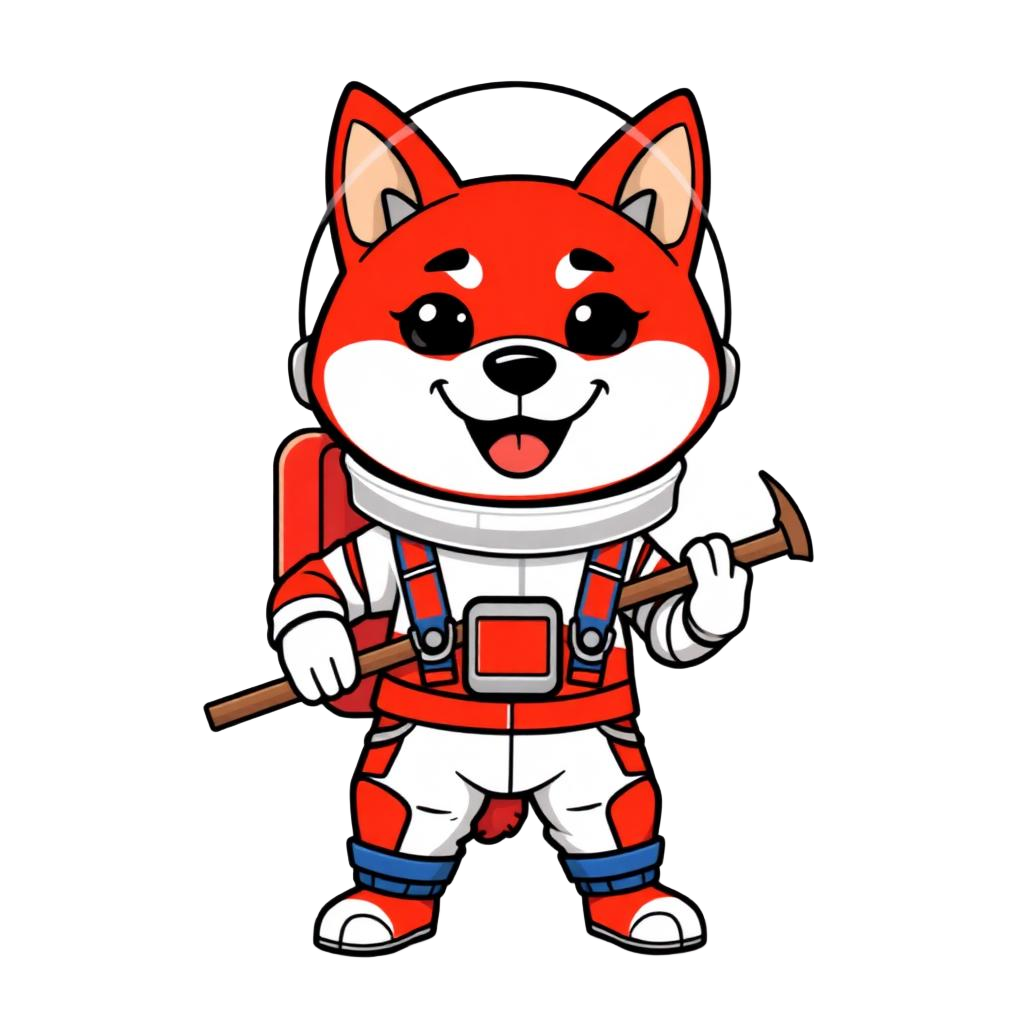 Red shiba inu astronaut mascot holding a pickaxe