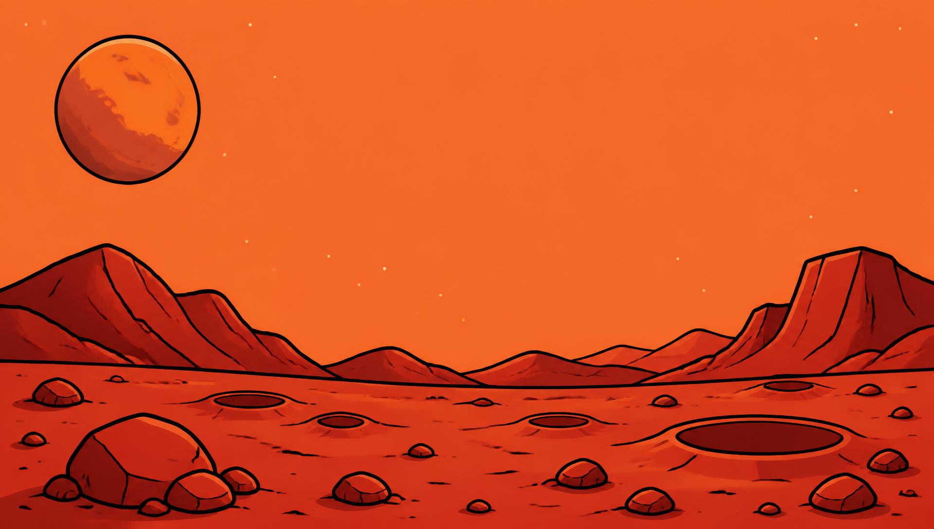 Cartoon Mars landscape with rover and red rocks